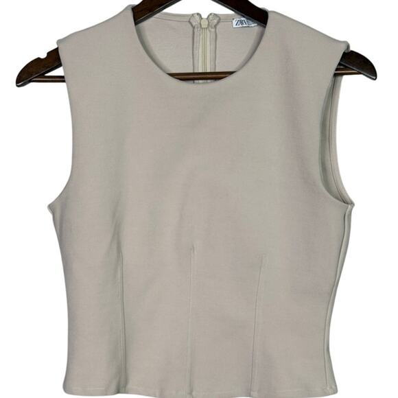 Zara Tops - Zara Sleeveless Detailed Lining Fitted Classy Blouse Top Back Zip Up L Beige